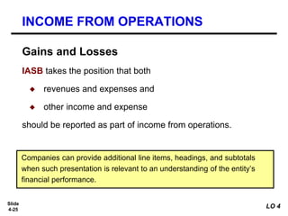 Slide
4-25
IASB takes the position that both
◆ revenues and expenses and
◆ other income and expense
should be reported as part of income from operations.
Companies can provide additional line items, headings, and subtotals
when such presentation is relevant to an understanding of the entity’s
financial performance.
INCOME FROM OPERATIONS
Gains and Losses
LO 4
 