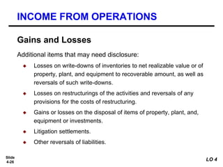 Slide
4-26
Additional items that may need disclosure:
◆ Losses on write-downs of inventories to net realizable value or of
property, plant, and equipment to recoverable amount, as well as
reversals of such write-downs.
◆ Losses on restructurings of the activities and reversals of any
provisions for the costs of restructuring.
◆ Gains or losses on the disposal of items of property, plant, and,
equipment or investments.
◆ Litigation settlements.
◆ Other reversals of liabilities.
INCOME FROM OPERATIONS
Gains and Losses
LO 4
 