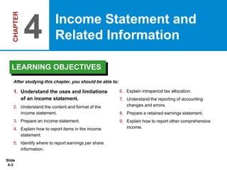 Slide
4-3
1. Understand the uses and limitations
of an income statement.
2. Understand the content and format of the
income statement.
3. Prepare an income statement.
4. Explain how to report items in the income
statement.
5. Identify where to report earnings per share
information.
6. Explain intraperiod tax allocation.
7. Understand the reporting of accounting
changes and errors.
8. Prepare a retained earnings statement.
9. Explain how to report other comprehensive
income.
After studying this chapter, you should be able to:
Income Statement and
Related Information
4
LEARNING OBJECTIVES
 