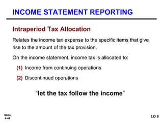 Slide
4-44
Relates the income tax expense to the specific items that give
rise to the amount of the tax provision.
On the income statement, income tax is allocated to:
(1) Income from continuing operations
(2) Discontinued operations
Intraperiod Tax Allocation
“let the tax follow the income”
INCOME STATEMENT REPORTING
LO 6
 