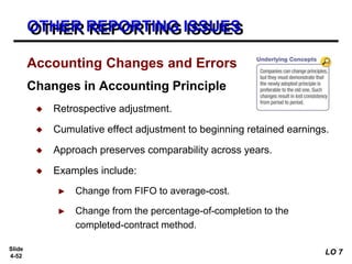 Slide
4-52
◆ Retrospective adjustment.
◆ Cumulative effect adjustment to beginning retained earnings.
◆ Approach preserves comparability across years.
◆ Examples include:
► Change from FIFO to average-cost.
► Change from the percentage-of-completion to the
completed-contract method.
OTHER REPORTING ISSUES
Accounting Changes and Errors
Changes in Accounting Principle
LO 7
 