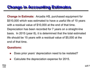 Slide
4-55
Change in Estimate: Arcadia HS, purchased equipment for
$510,000 which was estimated to have a useful life of 10 years
with a residual value of $10,000 at the end of that time.
Depreciation has been recorded for 7 years on a straight-line
basis. In 2015 (year 8), it is determined that the total estimated
life should be 15 years with a residual value of $5,000 at the
end of that time.
Questions:
◆ Does prior years’ depreciation need to be restated?
◆ Calculate the depreciation expense for 2015.
Change in Accounting Estimates
LO 7
 