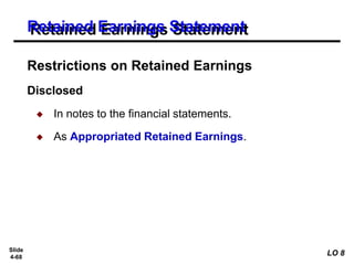 Slide
4-68
Restrictions on Retained Earnings
Disclosed
◆ In notes to the financial statements.
◆ As Appropriated Retained Earnings.
Retained Earnings Statement
LO 8
 