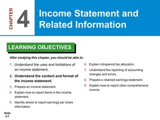 Slide
4-7
1. Understand the uses and limitations of
an income statement.
2. Understand the content and format of
the income statement.
3. Prepare an income statement.
4. Explain how to report items in the income
statement.
5. Identify where to report earnings per share
information.
6. Explain intraperiod tax allocation.
7. Understand the reporting of accounting
changes and errors.
8. Prepare a retained earnings statement.
9. Explain how to report other comprehensive
income.
After studying this chapter, you should be able to:
Income Statement and
Related Information
4
LEARNING OBJECTIVES
 