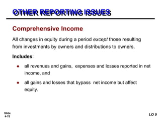 Slide
4-70
All changes in equity during a period except those resulting
from investments by owners and distributions to owners.
Includes:
◆ all revenues and gains, expenses and losses reported in net
income, and
◆ all gains and losses that bypass net income but affect
equity.
Comprehensive Income
OTHER REPORTING ISSUES
LO 9
 