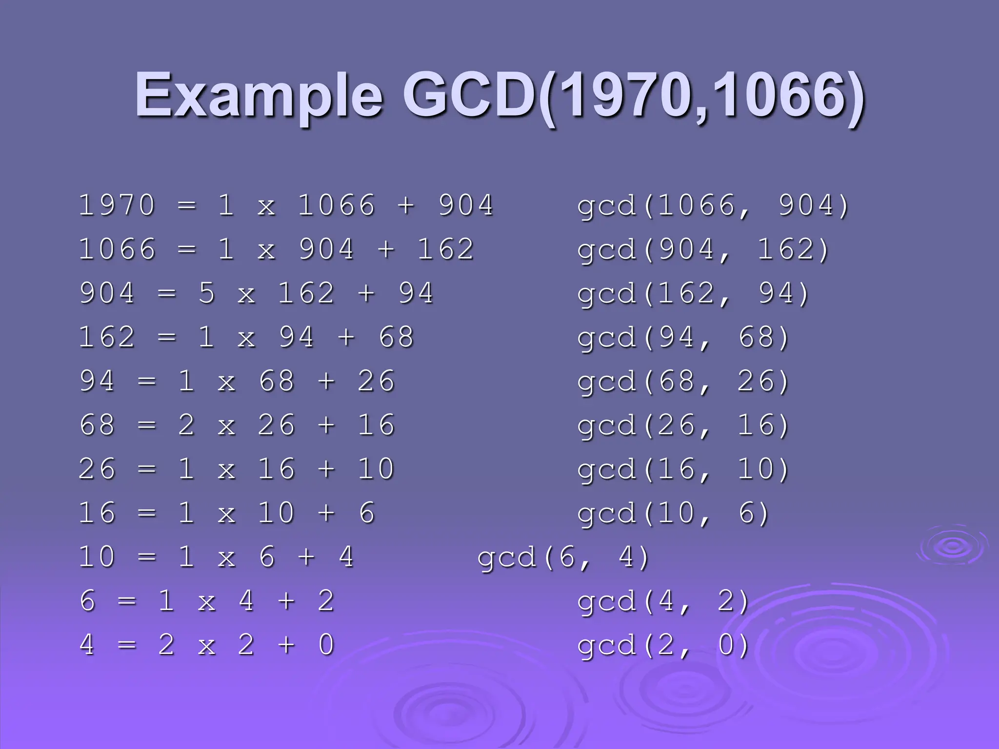 Example GCD(1970,1066)
1970 = 1 x 1066 + 904 gcd(1066, 904)
1066 = 1 x 904 + 162 gcd(904, 162)
904 = 5 x 162 + 94 gcd(162, 94)
162 = 1 x 94 + 68 gcd(94, 68)
94 = 1 x 68 + 26 gcd(68, 26)
68 = 2 x 26 + 16 gcd(26, 16)
26 = 1 x 16 + 10 gcd(16, 10)
16 = 1 x 10 + 6 gcd(10, 6)
10 = 1 x 6 + 4 gcd(6, 4)
6 = 1 x 4 + 2 gcd(4, 2)
4 = 2 x 2 + 0 gcd(2, 0)
 