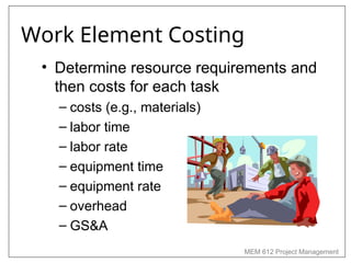 MEM 612 Project Management
Work Element Costing
• Determine resource requirements and
then costs for each task
– costs (e.g., materials)
– labor time
– labor rate
– equipment time
– equipment rate
– overhead
– GS&A
 