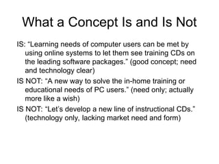 What a Concept Is and Is Not
IS: “Learning needs of computer users can be met by
using online systems to let them see training CDs on
the leading software packages.” (good concept; need
and technology clear)
IS NOT: “A new way to solve the in-home training or
educational needs of PC users.” (need only; actually
more like a wish)
IS NOT: “Let’s develop a new line of instructional CDs.”
(technology only, lacking market need and form)
 