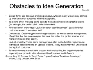 Obstacles to Idea Generation
• Group think: We think we are being creative, when in reality we are only coming
up with ideas that our group will find acceptable.
• Targeting error: We keep going back to the same simple demographic targets
(for example, the under-35 or under-50 markets.
• Poor customer knowledge: Lavish research spending doesn’t guarantee that
customer research was done well.
• Complexity: Creative types within organizations, as well as senior management,
often think that the more complex the idea, the better it is (or the smarter and
more promotable they seem).
• Lack of empathy: These same managers are also well-educated, high-income
individuals accustomed to an upscale lifestyle. They may simply not understand
the “typical” customer.
• Too many cooks: A small new product team works fine, but large companies
especially are prone to internal competition for power and influence.
Source: Jerry W. Thomas, “In Tough Times, “Hyper-Creatives” Provide an Advantage,”
Visions, 33(3), October 2009, 24-26.
Figure 4.2
 
