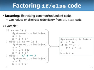 17
Factoring if/else code
• factoring: Extracting common/redundant code.
– Can reduce or eliminate redundancy from if/else code.
• Example:
if (a == 1) {
System.out.println(a);
x = 3;
b = b + x;
} else if (a == 2) {
System.out.println(a);
x = 6;
y = y + 10;
b = b + x;
} else { // a == 3
System.out.println(a);
x = 9;
b = b + x;
}
System.out.println(a);
x = 3 * a;
if (a == 2) {
y = y + 10;
}
b = b + x;
 