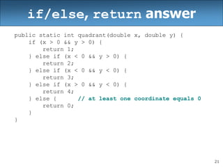 21
if/else, return answer
public static int quadrant(double x, double y) {
if (x > 0 && y > 0) {
return 1;
} else if (x < 0 && y > 0) {
return 2;
} else if (x < 0 && y < 0) {
return 3;
} else if (x > 0 && y < 0) {
return 4;
} else { // at least one coordinate equals 0
return 0;
}
}
 
