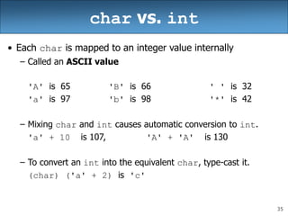 35
char vs. int
• Each char is mapped to an integer value internally
– Called an ASCII value
'A' is 65 'B' is 66 ' ' is 32
'a' is 97 'b' is 98 '*' is 42
– Mixing char and int causes automatic conversion to int.
'a' + 10 is 107, 'A' + 'A' is 130
– To convert an int into the equivalent char, type-cast it.
(char) ('a' + 2) is 'c'
 