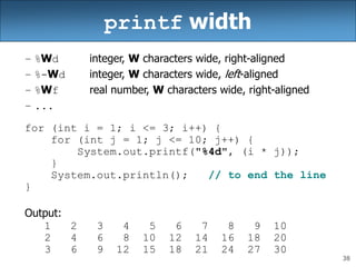 38
printf width
– %Wd integer, W characters wide, right-aligned
– %-Wd integer, W characters wide, left-aligned
– %Wf real number, W characters wide, right-aligned
– ...
for (int i = 1; i <= 3; i++) {
for (int j = 1; j <= 10; j++) {
System.out.printf("%4d", (i * j));
}
System.out.println(); // to end the line
}
Output:
1 2 3 4 5 6 7 8 9 10
2 4 6 8 10 12 14 16 18 20
3 6 9 12 15 18 21 24 27 30
 