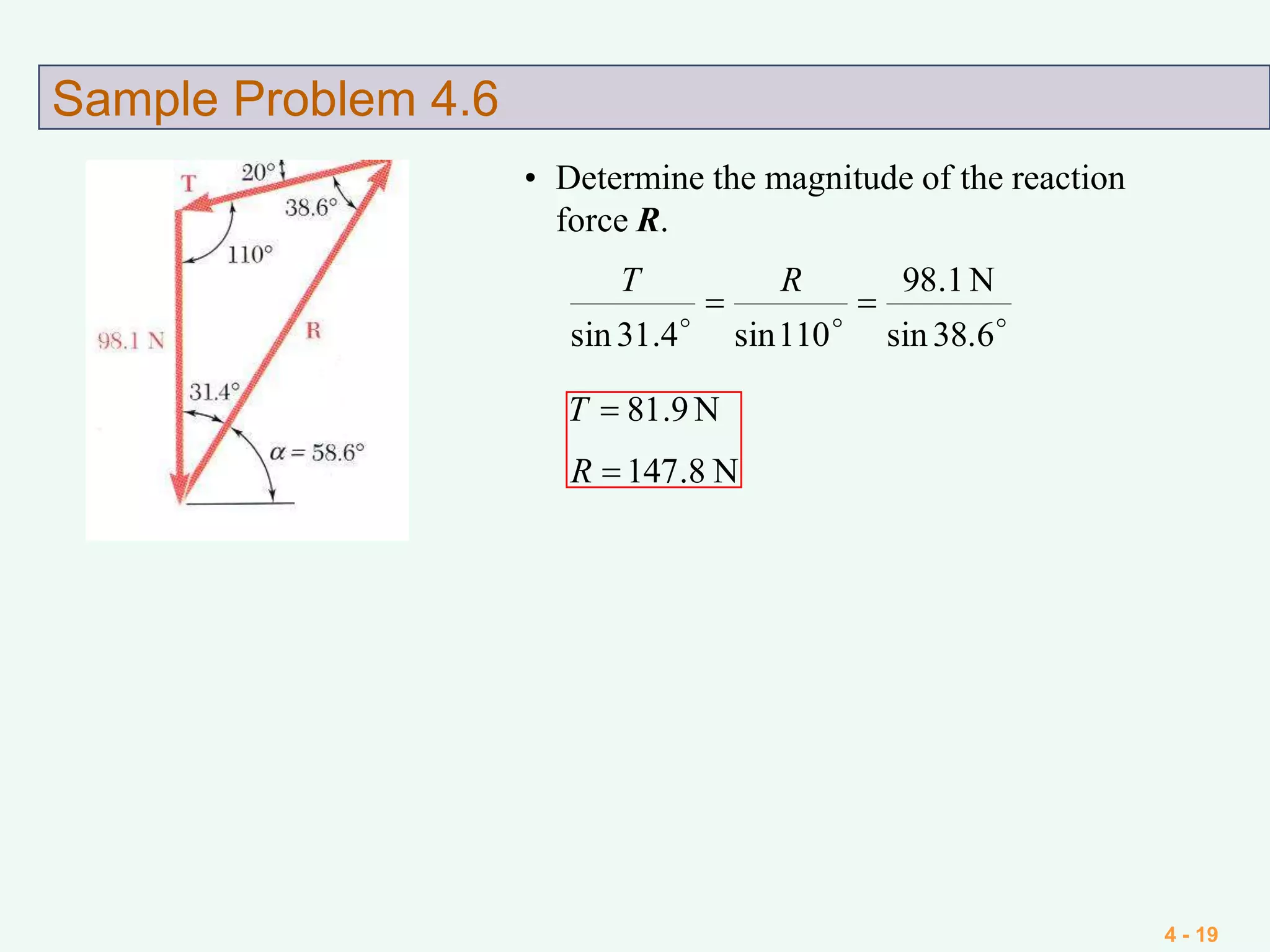 4 - 19
Sample Problem 4.6
• Determine the magnitude of the reaction
force R.

38.6sin
N1.98
110sin4.31sin
RT
N8.147
N9.81
R
T
 