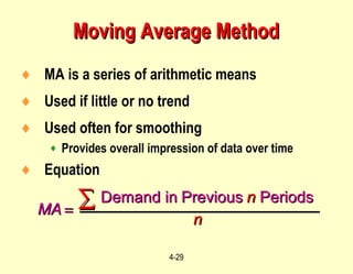 4-29
♦ MA is a series of arithmetic means
♦ Used if little or no trend
♦ Used often for smoothing
♦ Provides overall impression of data over time
♦ Equation
MAMA
nn
nn
== ∑∑ Demand inDemand in PreviousPrevious PeriodsPeriods
Moving Average MethodMoving Average Method
 