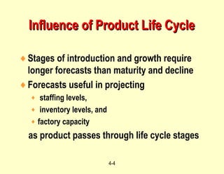 4-4
Influence of Product Life CycleInfluence of Product Life Cycle
♦Stages of introduction and growth require
longer forecasts than maturity and decline
♦Forecasts useful in projecting
♦ staffing levels,
♦ inventory levels, and
♦ factory capacity
as product passes through life cycle stages
 