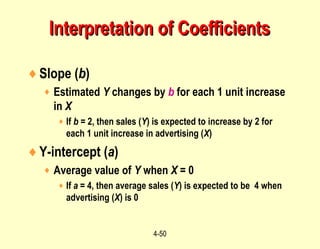 4-50
♦Slope (b)
♦ Estimated Y changes by b for each 1 unit increase
in X
♦ If b = 2, then sales (Y) is expected to increase by 2 for
each 1 unit increase in advertising (X)
♦Y-intercept (a)
♦ Average value of Y when X = 0
♦ If a = 4, then average sales (Y) is expected to be 4 when
advertising (X) is 0
Interpretation of CoefficientsInterpretation of Coefficients
 