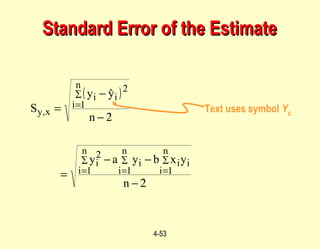 4-53
Text uses symbol Yc
Standard Error of the EstimateStandard Error of the Estimate
( )
2−
−−
=
2−
−
=
∑ ∑∑
∑
1= 1=1=
2
1=
2
n
yxbyay
n
yˆy
S
n
i
n
i
iii
n
i
i
n
i
ii
x,y
 