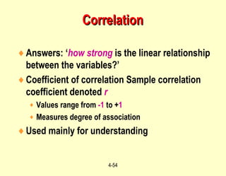 4-54
♦Answers: ‘how strong is the linear relationship
between the variables?’
♦Coefficient of correlation Sample correlation
coefficient denoted r
♦ Values range from -1 to +1
♦ Measures degree of association
♦Used mainly for understanding
CorrelationCorrelation
 