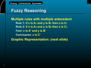 19
Fuzzy Inference Systems
Fuzzy Reasoning
Multiple rules with multiple antecedent
Rule 1: if x is A1 and y is B1 then z is C1
Rule 2: if x is A2 and y is B2 then z is C2
Fact: x is A’ and y is B’
Conclusion: z is C’
Graphic Representation: (next slide)
 