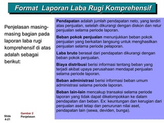 Slide
4-21
Penjelasan masing-Penjelasan masing-
masing bagian padamasing bagian pada
laporan laba rugilaporan laba rugi
komprehensif di ataskomprehensif di atas
adalah sebagaiadalah sebagai
berikut:berikut:
Gambar 2
Penjelasan
LO 2LO 2
Format Laporan Laba Rugi KomprehensifFormat Laporan Laba Rugi KomprehensifFormat Laporan Laba Rugi KomprehensifFormat Laporan Laba Rugi Komprehensif
Pendapatan adalah jumlah pendapatan neto, yang terdiri
atas penjualan, setelah dikurangi dengan diskon dan retur
penjualan selama periode laporan.
Beban pokok penjualan menunjukkan beban pokok
penjualan yang berkaitan langsung untuk menghasilkan
penjualan selama periode pelaporan.
Laba bruto berasal dari pendapatan dikurangi dengan
beban pokok penjualan.
Biaya distribusi berisi informasi tentang beban yang
terjadi akibat upaya perusahaan mendapat penjualan
selama periode laporan.
Beban administrasi berisi informasi beban umum
administrasi selama periode laporan.
Beban lain-lain mencakup transaksi selama periode
laporan yang tidak dapat dikelompokkan ke dalam
pendapatan dan beban. Ex: keuntungan dan kerugian dari
penjualan aset tetap dan penurunan nilai aset,
pendapatan lain (sewa, deviden, bunga).
 
