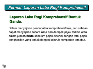 Slide
4-31
Format Laporan Laba Rugi KomprehensifFormat Laporan Laba Rugi KomprehensifFormat Laporan Laba Rugi KomprehensifFormat Laporan Laba Rugi Komprehensif
Laporan Laba Rugi Komprehensif BentukLaporan Laba Rugi Komprehensif Bentuk
Ganda.Ganda.
Dalam menyajikan pendapatan komprehensif lain, perusahaanDalam menyajikan pendapatan komprehensif lain, perusahaan
dapat menyajikan secaradapat menyajikan secara netoneto dari dampak pajak terkait, ataudari dampak pajak terkait, atau
dalam jumlahdalam jumlah brutobruto sebelum pajak disertai dengan total pajaksebelum pajak disertai dengan total pajak
penghasilan yang terkait dengan seluruh komponen tersebut.penghasilan yang terkait dengan seluruh komponen tersebut.
 