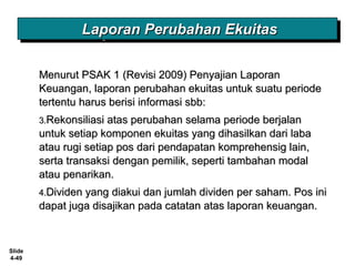 Slide
4-49
Menurut PSAK 1 (Revisi 2009) Penyajian LaporanMenurut PSAK 1 (Revisi 2009) Penyajian Laporan
Keuangan, laporan perubahan ekuitas untuk suatu periodeKeuangan, laporan perubahan ekuitas untuk suatu periode
tertentu harus berisi informasi sbb:tertentu harus berisi informasi sbb:
3.3.Rekonsiliasi atas perubahan selama periode berjalanRekonsiliasi atas perubahan selama periode berjalan
untuk setiap komponen ekuitas yang dihasilkan dari labauntuk setiap komponen ekuitas yang dihasilkan dari laba
atau rugi setiap pos dari pendapatan komprehensig lain,atau rugi setiap pos dari pendapatan komprehensig lain,
serta transaksi dengan pemilik, seperti tambahan modalserta transaksi dengan pemilik, seperti tambahan modal
atau penarikan.atau penarikan.
4.4.Dividen yang diakui dan jumlah dividen per saham. Pos iniDividen yang diakui dan jumlah dividen per saham. Pos ini
dapat juga disajikan pada catatan atas laporan keuangan.dapat juga disajikan pada catatan atas laporan keuangan.
Laporan Perubahan EkuitasLaporan Perubahan EkuitasLaporan Perubahan EkuitasLaporan Perubahan Ekuitas
 