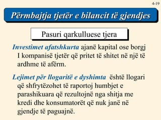 4- Përmbajtja tjetër e bilancit të gjendjes Investimet afatshkurta   ajanë kapital ose borgj I kompanisë tjetër që pritet të shitet në një të ardhme të afërm. Lejimet për llogaritë e dyshimta   është llogari që shfrytëzohet të raportoj humbjet e parashikuara që rezultojnë nga shitja me kredi dhe konsumatorët që nuk janë në gjendje të paguajnë. Pasuri qarkulluese tjera 