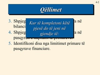4- 3. Shpjegoni informatat e prezentuara në bilancin e gjendjes së kompanisë. 4. Shpjegoni informatat e prezentuara në pasqyrën e kapitalit të pronarëve. 5. Identifikoni disa nga limitimet primare të pasqyrave financiare. Qëllimet Kur të kompletoni këtë pjesë do të jeni në gjendje të: 
