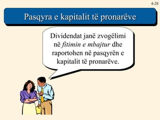 4- Dividendat janë zvogëlimi në  fitimin e mbajtur  dhe raportohen në pasqyrën e kapitalit të pronarëve. Pasqyra e kapitalit të pronarëve 