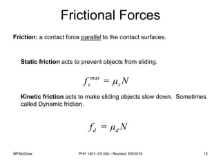 MFMcGraw PHY 1401- Ch 04b - Revised: 6/9/2010 15
Friction: a contact force parallel to the contact surfaces.
Static friction acts to prevent objects from sliding.
Kinetic friction acts to make sliding objects slow down. Sometimes
called Dynamic friction.
Frictional Forces
max
s s
f = μ N
d d
f = μ N
 