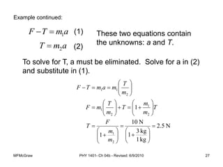MFMcGraw PHY 1401- Ch 04b - Revised: 6/9/2010 27
a
m
T
F 1


a
m
T 2

To solve for T, a must be eliminated. Solve for a in (2)
and substitute in (1).
(1)
(2)
Example continued:
These two equations contain
the unknowns: a and T.
N
5
.
2
kg
1
kg
3
1
N
10
1
1
2
1
2
1
2
1
2
1
1




















































m
m
F
T
T
m
m
T
m
T
m
F
m
T
m
a
m
T
F
 