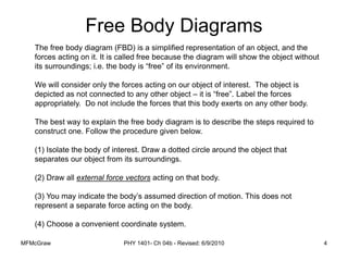 MFMcGraw PHY 1401- Ch 04b - Revised: 6/9/2010 4
Free Body Diagrams
The free body diagram (FBD) is a simplified representation of an object, and the
forces acting on it. It is called free because the diagram will show the object without
its surroundings; i.e. the body is “free” of its environment.
We will consider only the forces acting on our object of interest. The object is
depicted as not connected to any other object – it is “free”. Label the forces
appropriately. Do not include the forces that this body exerts on any other body.
The best way to explain the free body diagram is to describe the steps required to
construct one. Follow the procedure given below.
(1) Isolate the body of interest. Draw a dotted circle around the object that
separates our object from its surroundings.
(2) Draw all external force vectors acting on that body.
(3) You may indicate the body’s assumed direction of motion. This does not
represent a separate force acting on the body.
(4) Choose a convenient coordinate system.
 