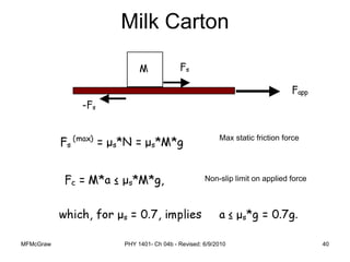 MFMcGraw PHY 1401- Ch 04b - Revised: 6/9/2010 40
Milk Carton
Max static friction force
Non-slip limit on applied force
 