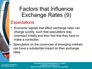 Factors that Influence
Exchange Rates (9)
Expectations
• Economic signals that affect exchange rates can
change quickly, such that speculators may
overreact initially and then find that they have to
make a correction.

• Speculation on the currencies of emerging markets
can have a substantial impact on their exchange
rates.

Cost and Management Accounting: An Introduction,nd edition
International Financial Management, 2 7th edition
Jeff Madura and Roland Fox
Colin Drury
ISBN 978-1-40803-213-9 © 2011 Cengage Learning EMEAEMEA
ISBN 978-1-4080-3229-9 © 2011 Cengage Learning

 
