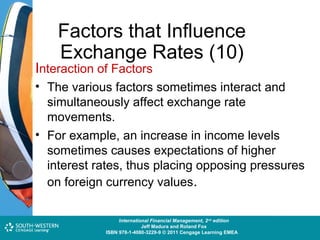 Factors that Influence
Exchange Rates (10)

Interaction of Factors

• The various factors sometimes interact and
simultaneously affect exchange rate
movements.
• For example, an increase in income levels
sometimes causes expectations of higher
interest rates, thus placing opposing pressures
on foreign currency values.
Cost and Management Accounting: An Introduction,nd edition
International Financial Management, 2 7th edition
Jeff Madura and Roland Fox
Colin Drury
ISBN 978-1-40803-213-9 © 2011 Cengage Learning EMEAEMEA
ISBN 978-1-4080-3229-9 © 2011 Cengage Learning

 