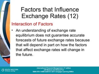 Factors that Influence
Exchange Rates (12)
Interaction of Factors
• An understanding of exchange rate

equilibrium does not guarantee accurate
forecasts of future exchange rates because
that will depend in part on how the factors
that affect exchange rates will change in
the future.

Cost and Management Accounting: An Introduction,nd edition
International Financial Management, 2 7th edition
Jeff Madura and Roland Fox
Colin Drury
ISBN 978-1-40803-213-9 © 2011 Cengage Learning EMEAEMEA
ISBN 978-1-4080-3229-9 © 2011 Cengage Learning

 