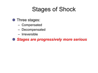 Stages of Shock
Three stages:
– Compensated
– Decompensated
– Irreversible
Stages are progressively more serious
 