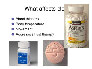 What affects clotting?
Blood thinners
Body temperature
Movement
Aggressive fluid therapy
 