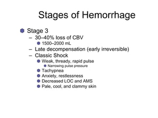Stages of Hemorrhage
Stage 3
– 30–40% loss of CBV
1500–2000 mL
– Late decompensation (early irreversible)
– Classic Shock
Weak, thready, rapid pulse
Narrowing pulse pressure
Tachypnea
Anxiety, restlessness
Decreased LOC and AMS
Pale, cool, and clammy skin
 