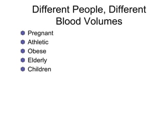 Different People, Different
Blood Volumes
Pregnant
Athletic
Obese
Elderly
Children
 