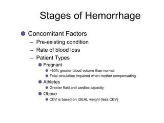 Stages of Hemorrhage
Concomitant Factors
– Pre-existing condition
– Rate of blood loss
– Patient Types
Pregnant
>50% greater blood volume than normal
Fetal circulation impaired when mother compensating
Athletes
Greater fluid and cardiac capacity
Obese
CBV is based on IDEAL weight (less CBV)
 