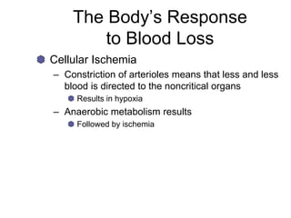 The Body’s Response
to Blood Loss
Cellular Ischemia
– Constriction of arterioles means that less and less
blood is directed to the noncritical organs
Results in hypoxia
– Anaerobic metabolism results
Followed by ischemia
 