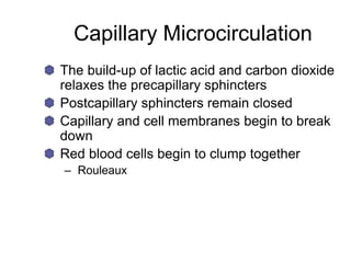 Capillary Microcirculation
The build-up of lactic acid and carbon dioxide
relaxes the precapillary sphincters
Postcapillary sphincters remain closed
Capillary and cell membranes begin to break
down
Red blood cells begin to clump together
– Rouleaux
 