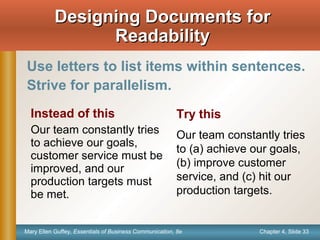 Chapter 4, Slide 33Mary Ellen Guffey, Essentials of Business Communication, 8e
Instead of this
Our team constantly tries
to achieve our goals,
customer service must be
improved, and our
production targets must
be met.
Try this
Our team constantly tries
to (a) achieve our goals,
(b) improve customer
service, and (c) hit our
production targets.
Designing Documents forDesigning Documents for
ReadabilityReadability
Use letters to list items within sentences.
Strive for parallelism.
 