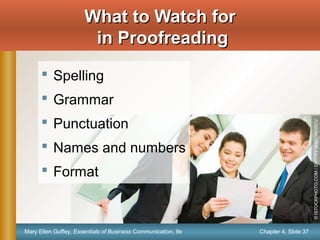 Chapter 4, Slide 37Mary Ellen Guffey, Essentials of Business Communication, 8e
What to Watch forWhat to Watch for
in Proofreadingin Proofreading
 Spelling
 Grammar
 Punctuation
 Names and numbers
 Format
©ISTOCKPHOTO.COM/DMITRYSHIRONOSOV
 