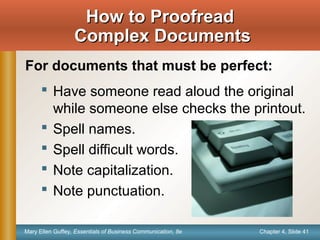 Chapter 4, Slide 41Mary Ellen Guffey, Essentials of Business Communication, 8e
For documents that must be perfect:
 Have someone read aloud the original
while someone else checks the printout.
 Spell names.
 Spell difficult words.
 Note capitalization.
 Note punctuation.
How to ProofreadHow to Proofread
Complex DocumentsComplex Documents
 