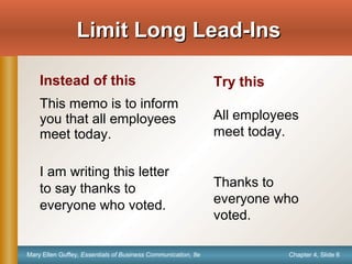 Chapter 4, Slide 6Mary Ellen Guffey, Essentials of Business Communication, 8e
Limit Long Lead-InsLimit Long Lead-Ins
Instead of this
This memo is to inform
you that all employees
meet today.
I am writing this letter
to say thanks to
everyone who voted.
Try this
All employees
meet today.
Thanks to
everyone who
voted.
 