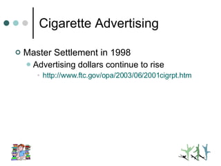 Cigarette Advertising Master Settlement in 1998 Advertising dollars continue to rise http://www.ftc.gov/opa/2003/06/2001cigrpt. htm 