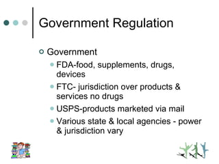 Government Regulation Government FDA-food, supplements, drugs, devices FTC- jurisdiction over products & services no drugs USPS-products marketed via mail Various state & local agencies - power & jurisdiction vary 